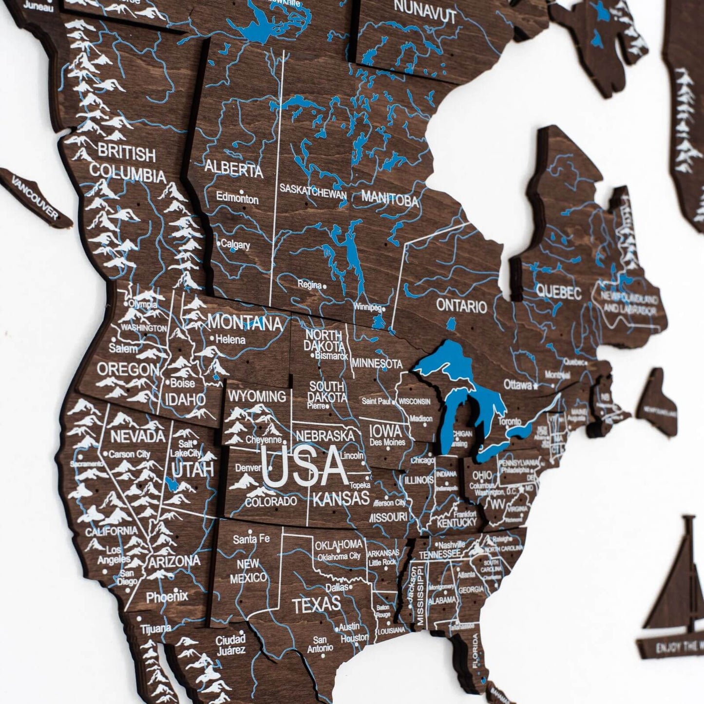 3D Wooden World Map Wall Art - Dark Walnut