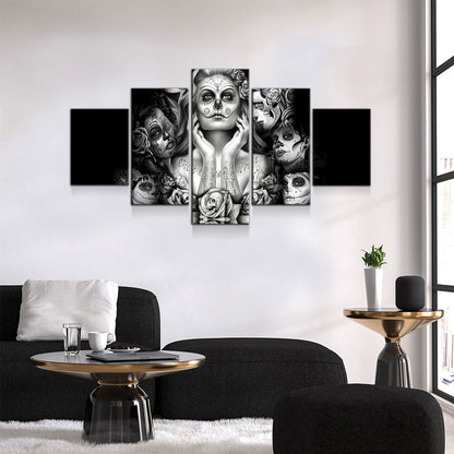 Day of the Dead Face Ladies five-piece canvas wall art with colorful sugar skull design