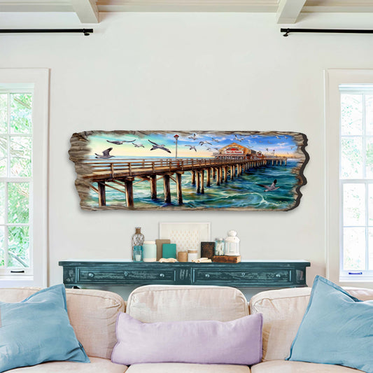 Handcrafted wood pier panorama coastal seascape wall art