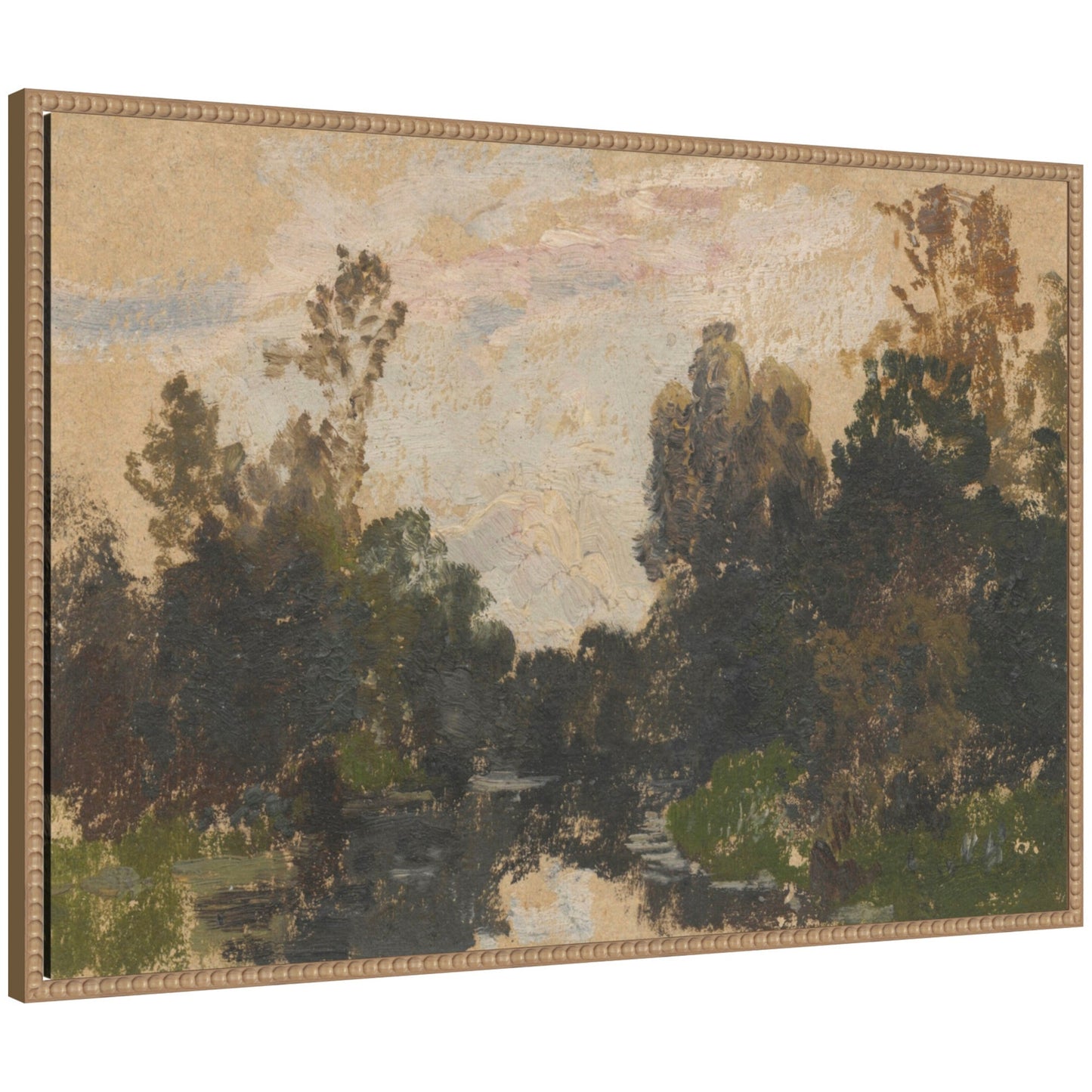 Wooded river landscape with tall trees and a quiet stream on canvas