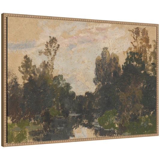 Wooded river landscape with tall trees and a quiet stream on canvas