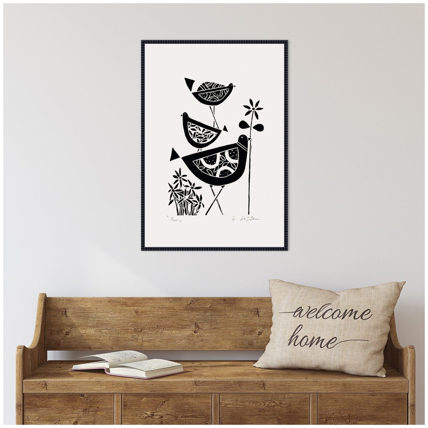 Folk Bird Family Trio Linocut Framed Canvas Wall Art