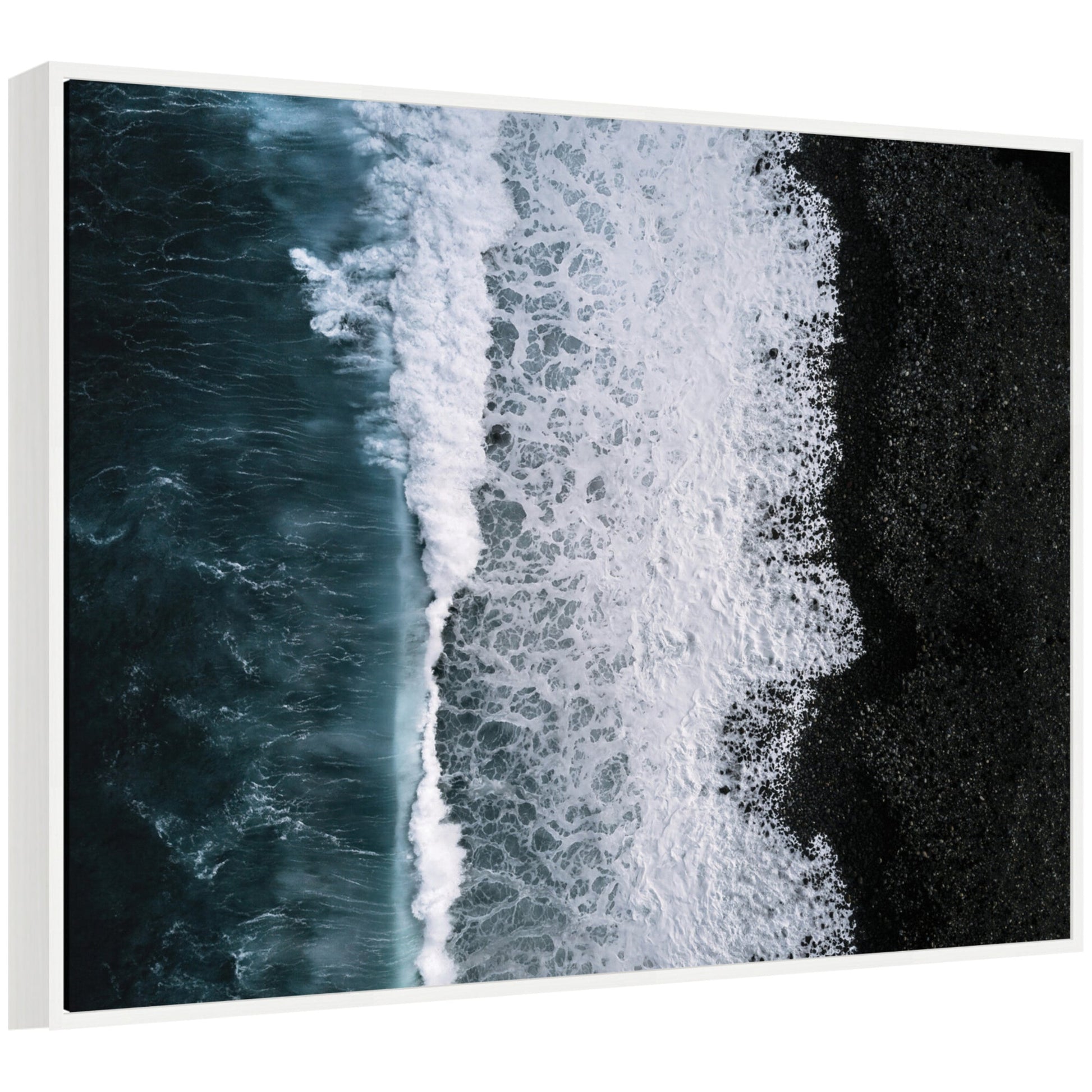 Coastal framed canvas of ocean waves on a black beach in Iceland, easy to hang