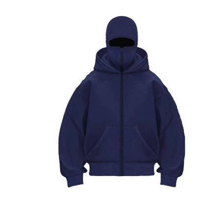 blue balaclava zip hoodie with kangaroo pocket front view