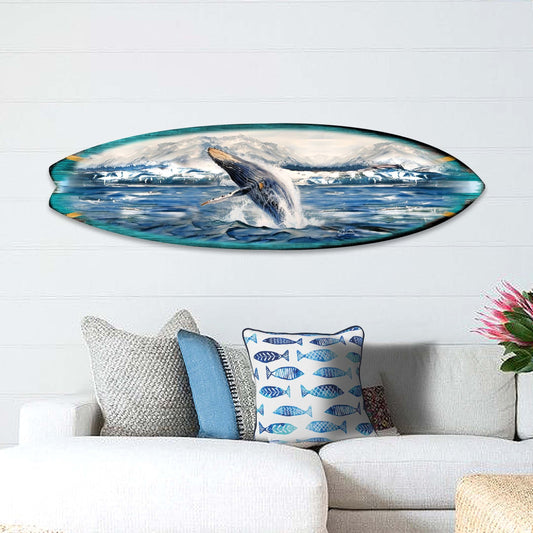 Handcrafted wood humpback whale surfboard coastal wall art
