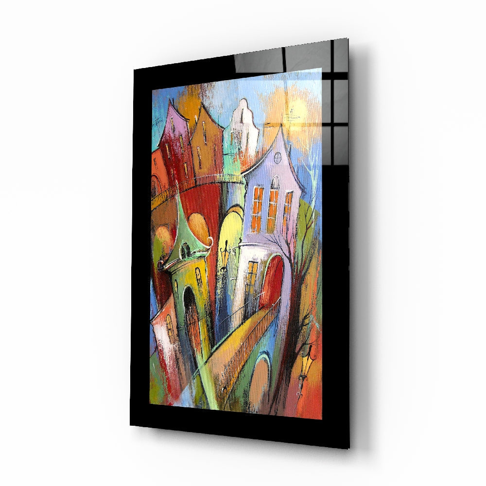 Whimsical houses glass wall art panel
