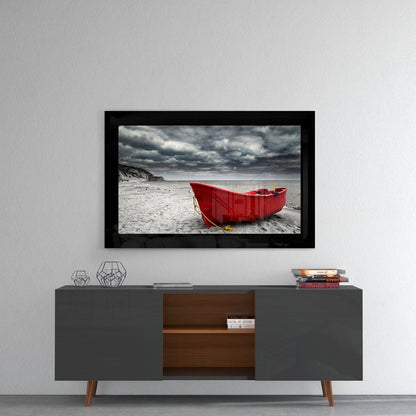 Red Boat Coastal Glass Wall Art