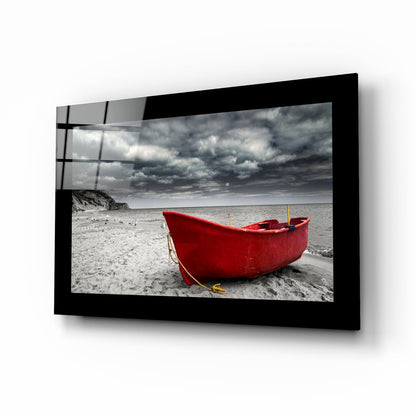 Red boat coastal glass wall art