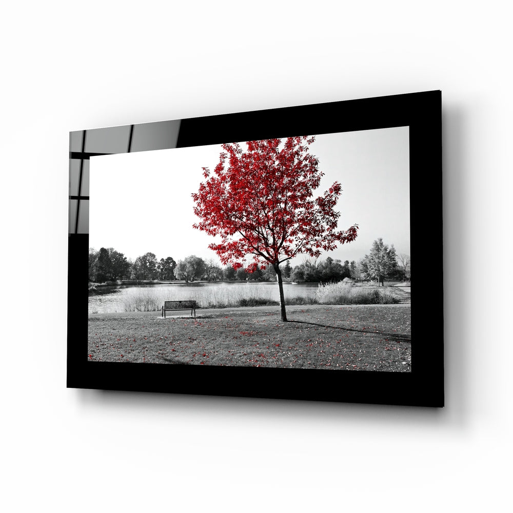 Scarlet tree lake bench glass wall art