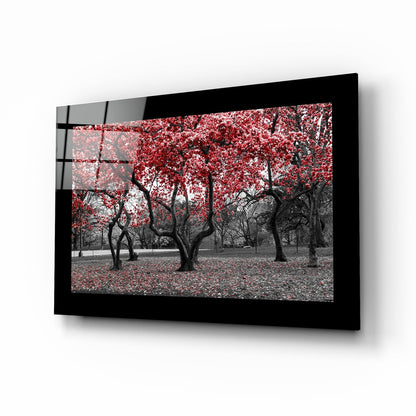 Red trees glass wall art