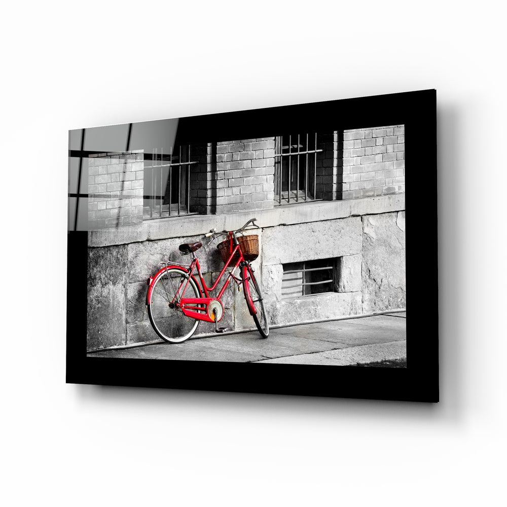 Scarlet vintage bicycle with basket against graphite stone wall, selective-color glass wall art