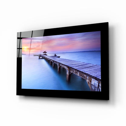 Sunset at the pier glass wall art with thatched gazebo
