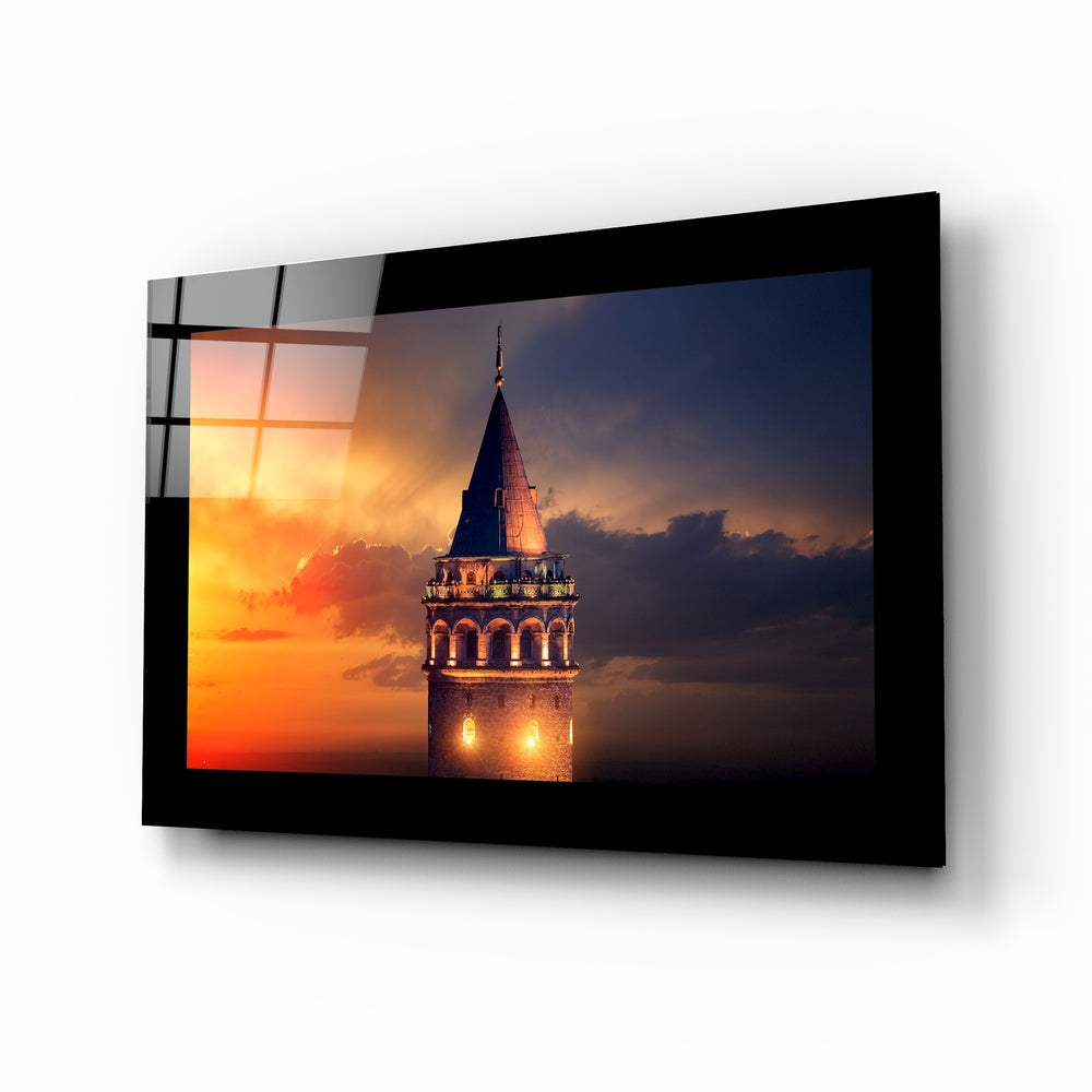 Galata Tower sunset glass wall art print
