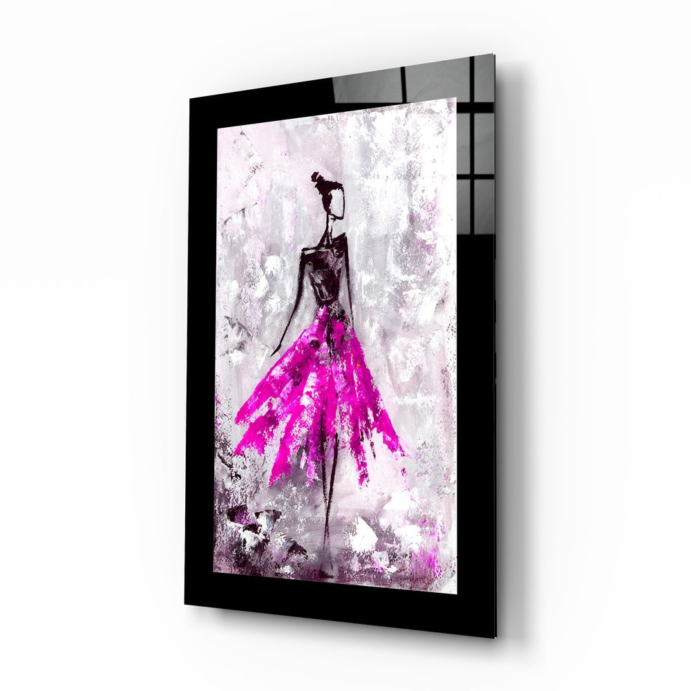 Ballerina Glass Wall Art - magenta dancer silhouette on tempered glass