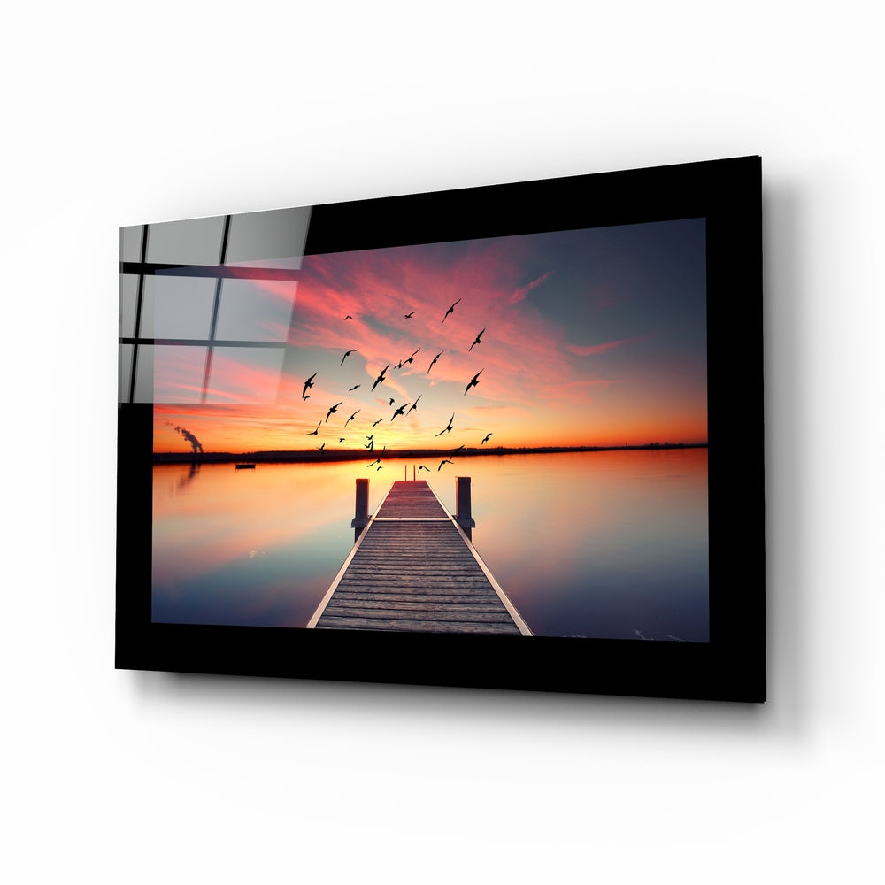 Sunset pier glass wall art with mirror lake and bird silhouettes