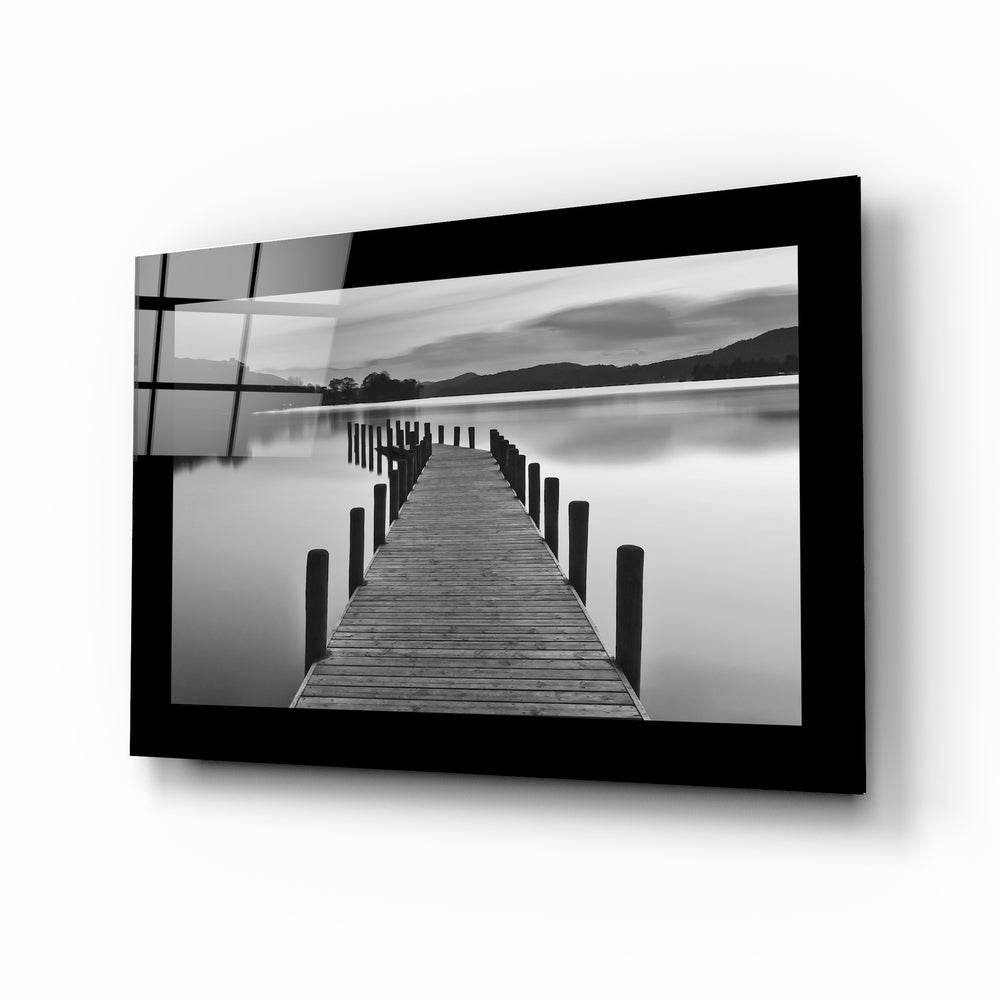 Misty Mountain Lake Boardwalk Glass Wall Art pier