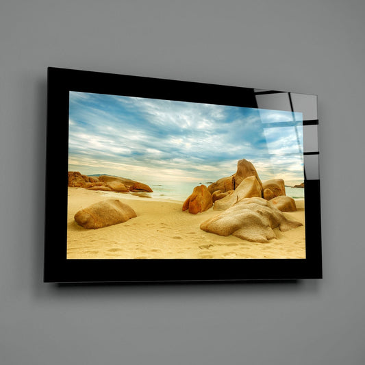 Sandstone boulders beach glass wall art on a gray wall
