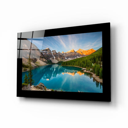 Turquoise glacier lake peaks glass wall art