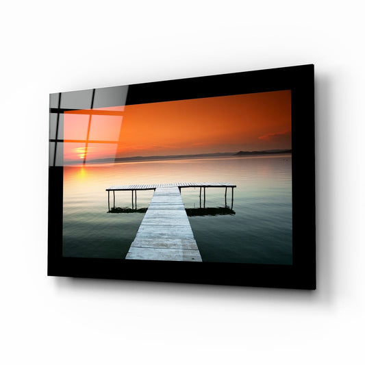 Centered T-pier sunset glass wall art in scarlet and teal