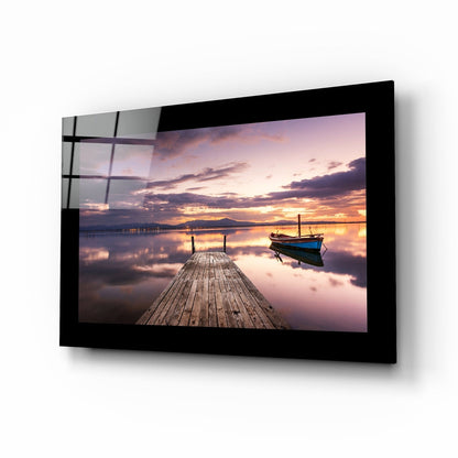 Moored pier sunset glass wall art in lavender and amber