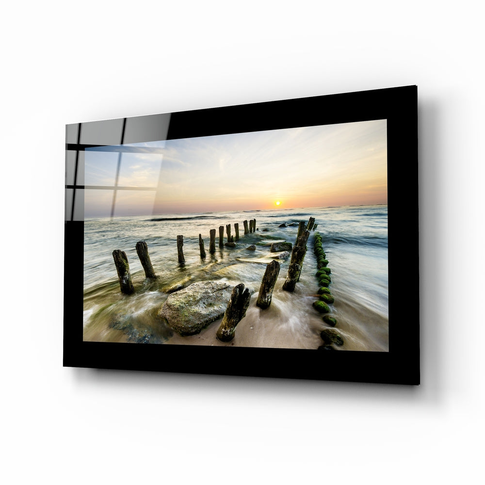Breakwater shore sunset glass wall art in pearl and amber