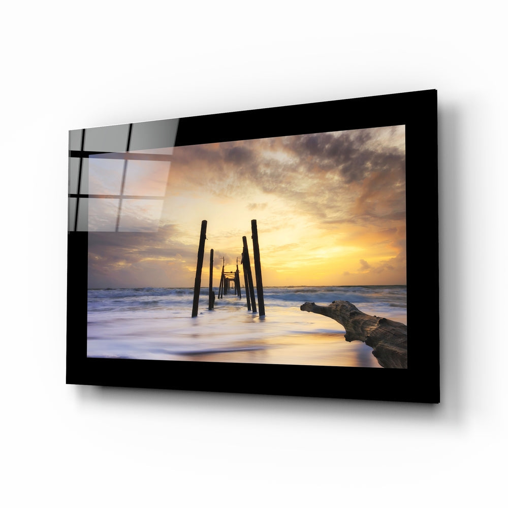 Derelict pier sunset glass wall art in copper and violet