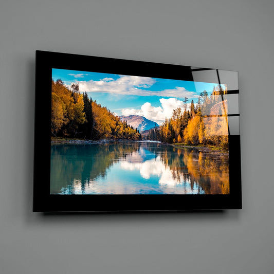 Autumn river with a mountain reflection glass wall art on a gray wall