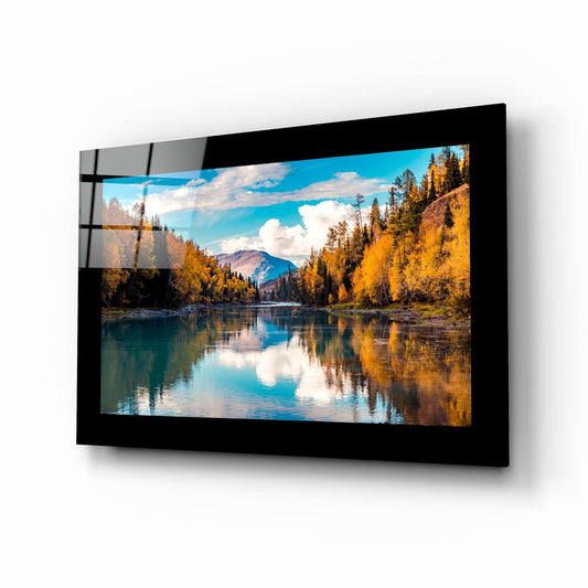 Autumn river with a mountain reflection glass wall art on a white wall