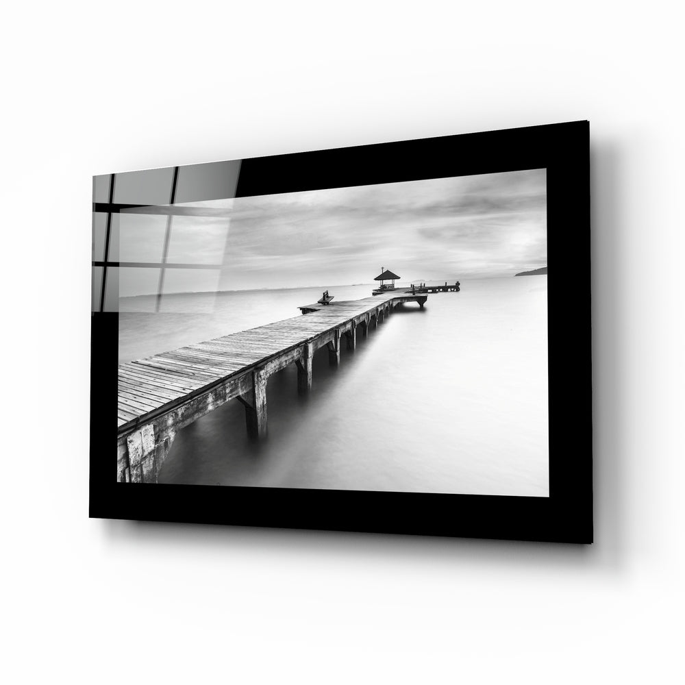 Long coastal pier with pavilion glass wall art