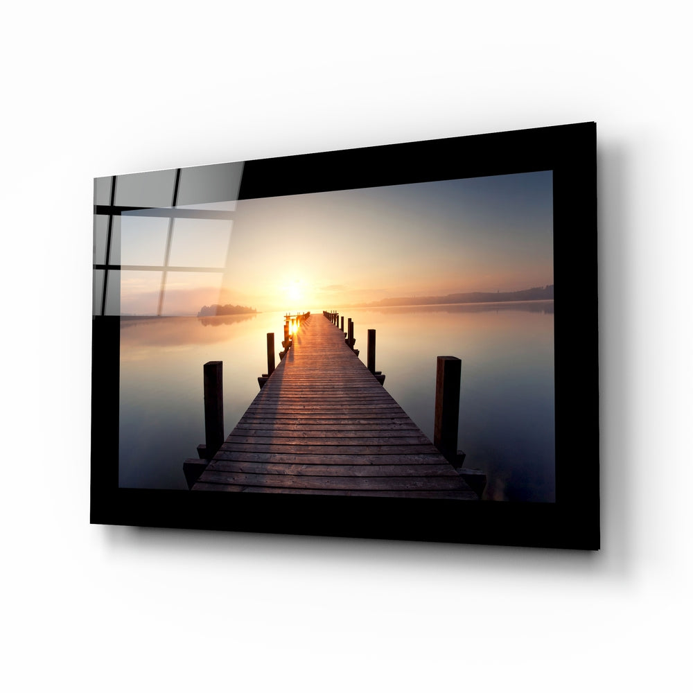 Sunburst pier sunset glass wall art in amber and pearl