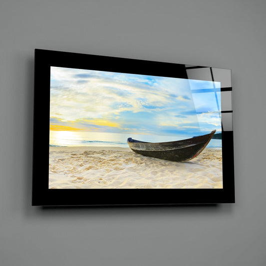 Tropical Beach Canoe Glass Wall Art
