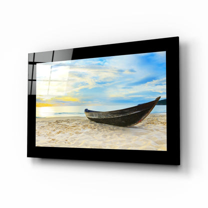 Tropical beach canoe glass wall art behind tempered glass