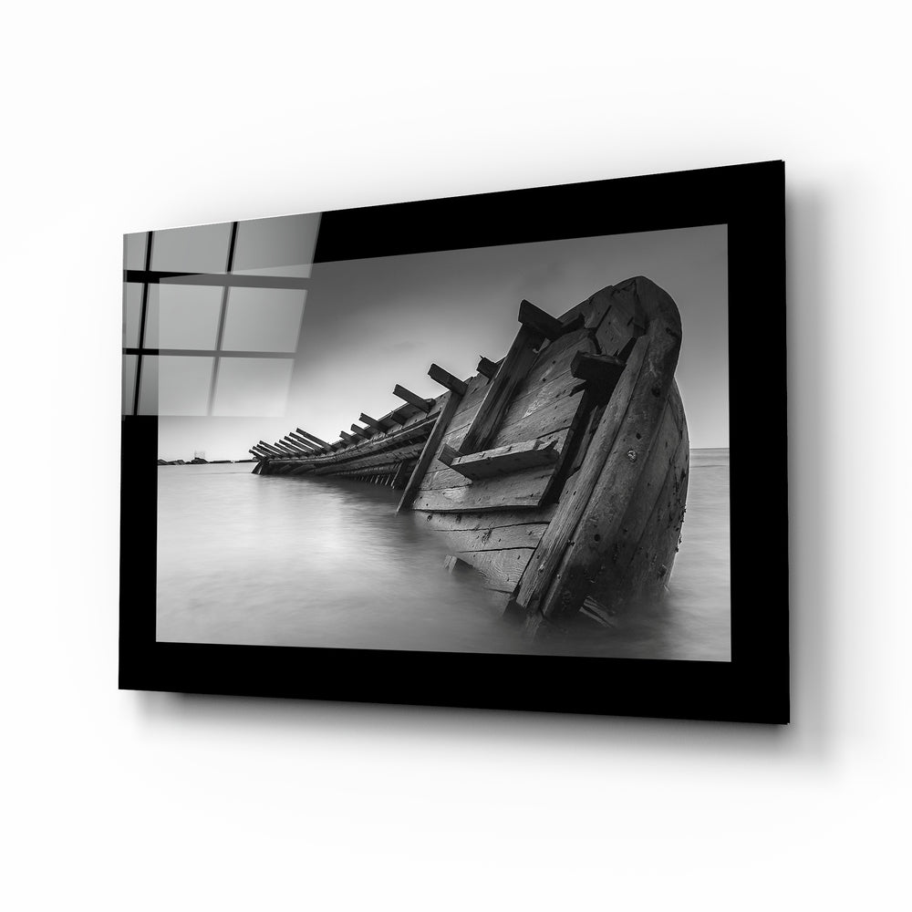 Abandoned Boat black and white glass wall art