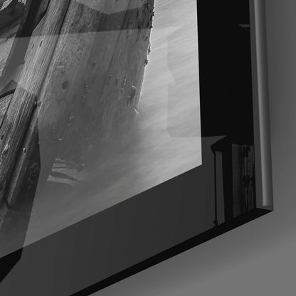 Glossy edge close-up of the shipwreck glass wall art showing weathered planks
