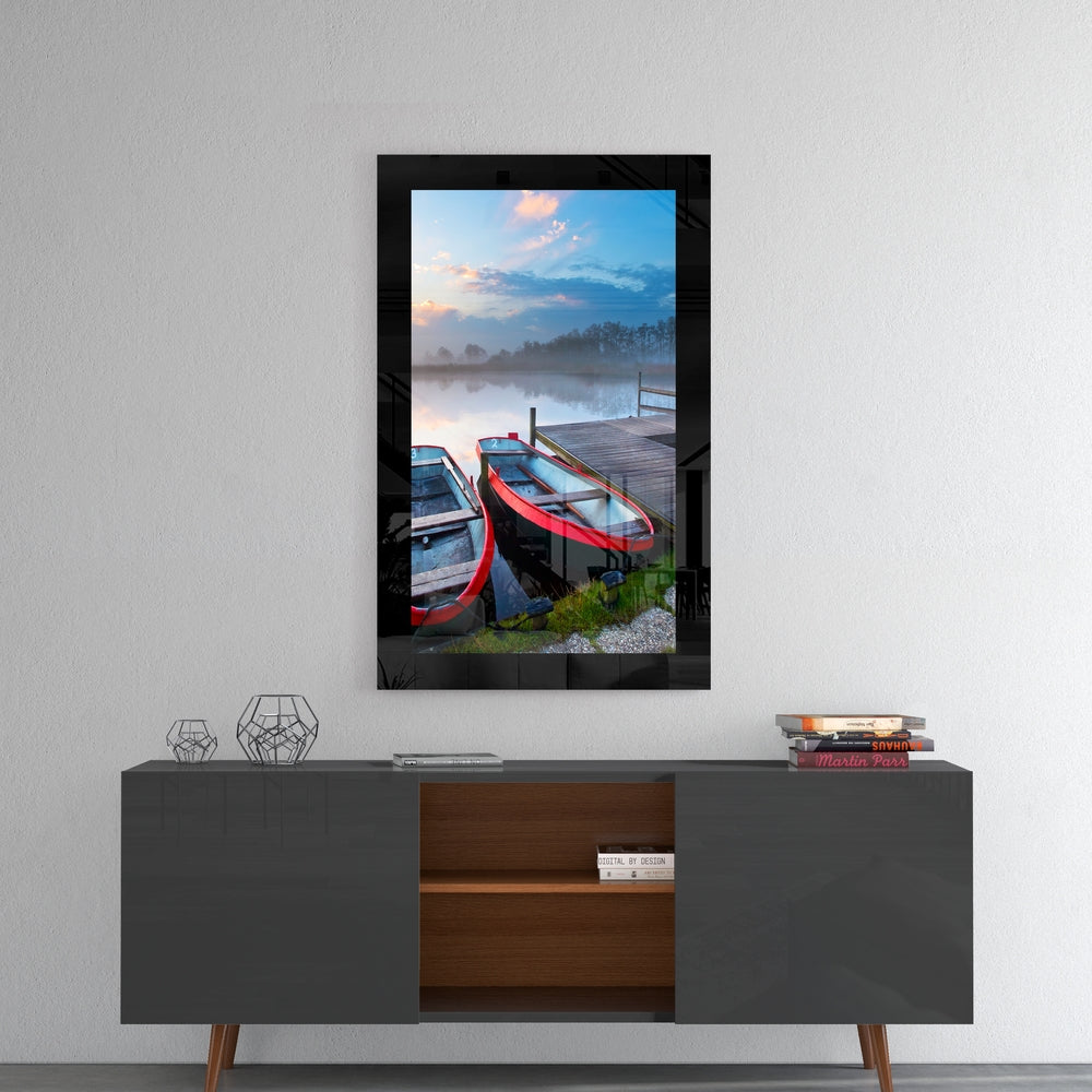 Misty Boat Dock Glass Wall Art