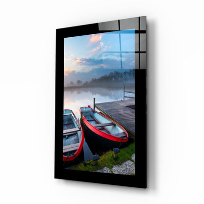 Misty Boat Dock glass wall art with rowboats at dawn