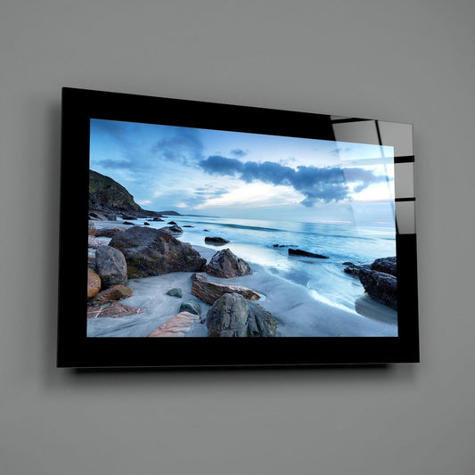 Rocky cove beach glass wall art shown at an angle against a gray wall