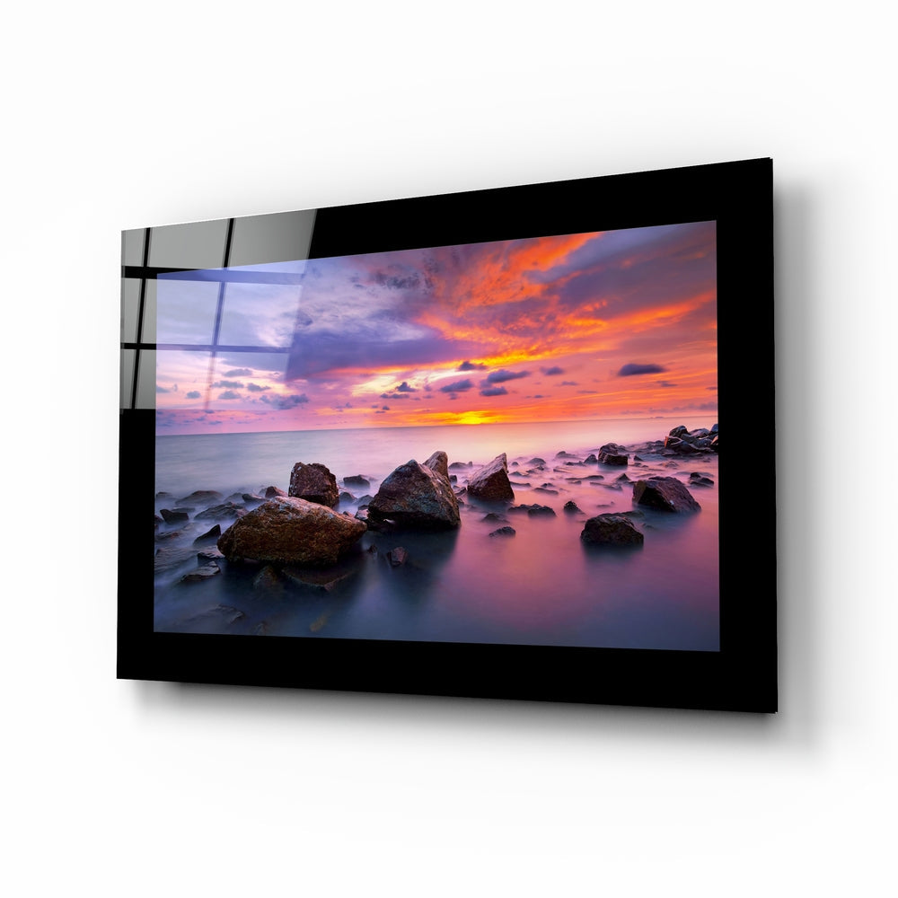 Violet sunset seascape glass wall art with dramatic sky