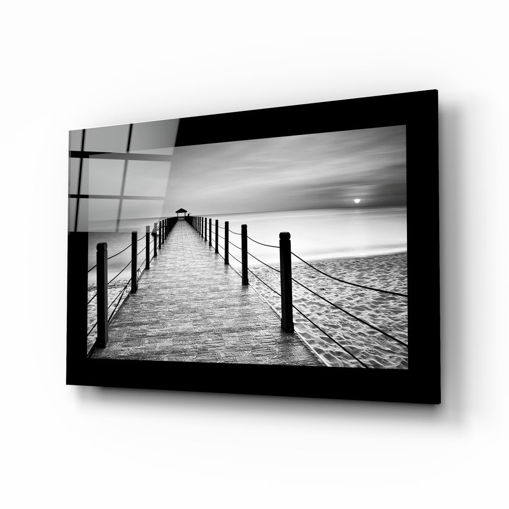 Beach pier glass wall art with monochrome rope-rail boardwalk