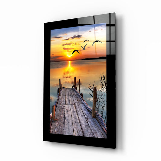 Sunset and the Birds glass wall art, wooden pier amber lake scarlet sky bird silhouettes