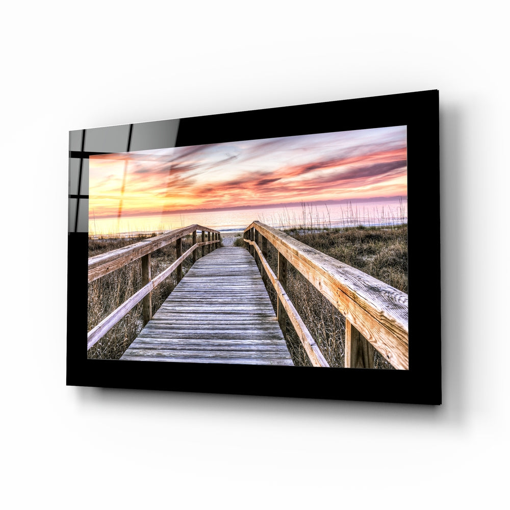 Dune boardwalk sunset glass wall art in scarlet and blush