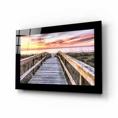 Dune boardwalk sunset glass wall art in scarlet and blush