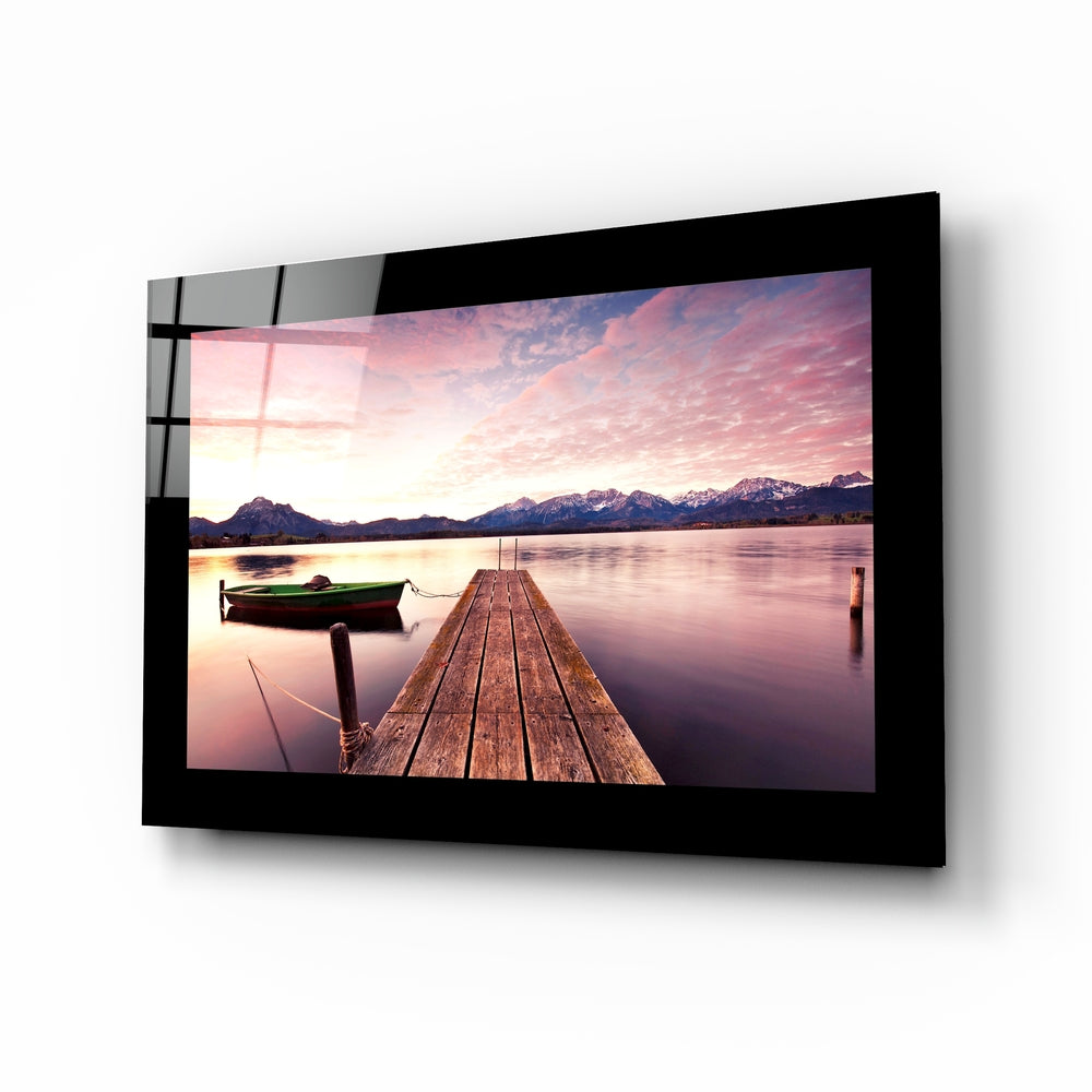 Alpine sunset glass wall art with mirror lake and mauve sky