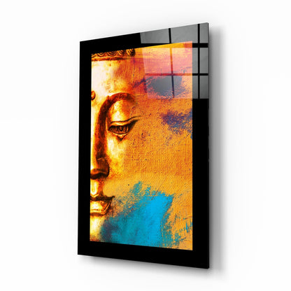 Golden Buddha painterly glass wall art, gilded face with cyan and saffron brushwork