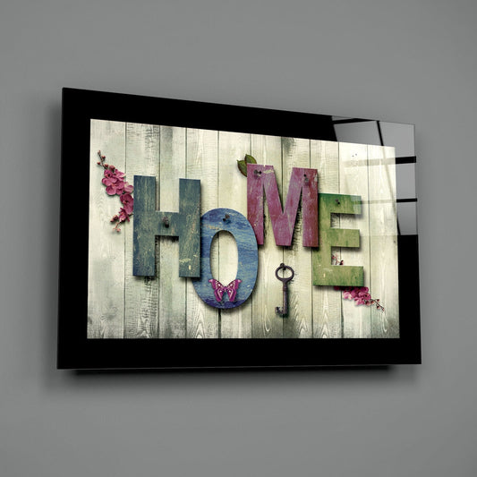 Rustic home letters glass wall art on a plain gray wall
