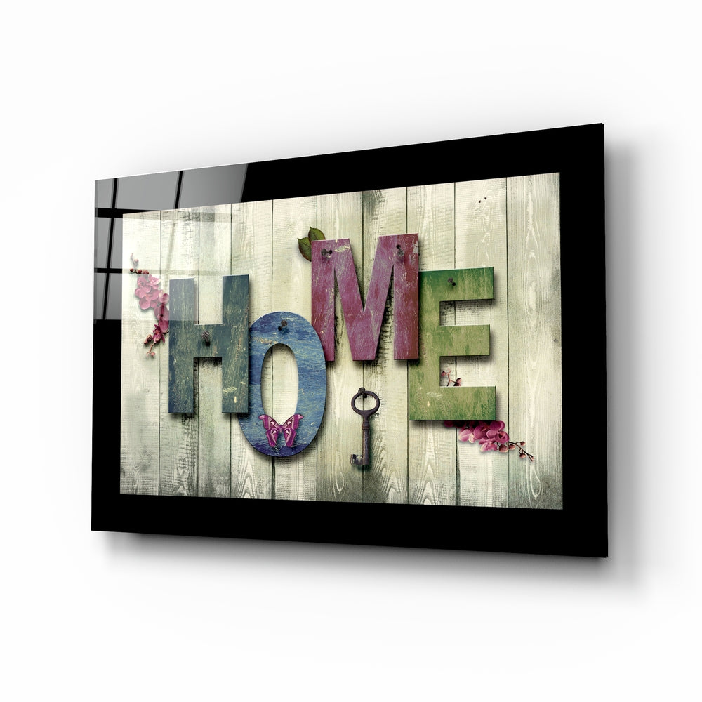Home Sign Key Blossoms glass wall art with wooden letters and cherry blossoms