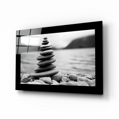 Balance zen stones glass wall art, stacked pebbles in black and white on high-gloss tempered glass