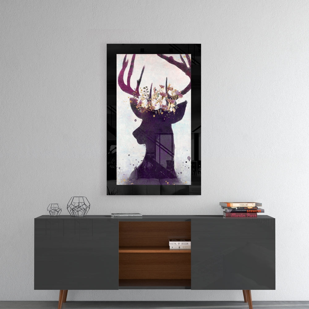 Flower Crown Deer Silhouette Glass Wall Art