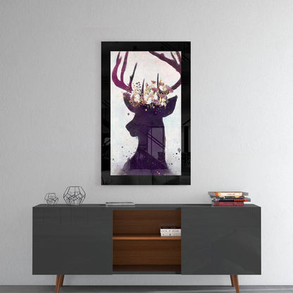 Flower Crown Deer Silhouette Glass Wall Art