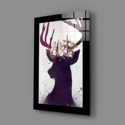 Flower Crown Deer Silhouette Glass Wall Art